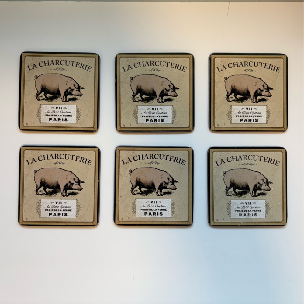 La Charcuterie Pig Design Coaster Set of 6, Paris Vintage Style, Cork Backing